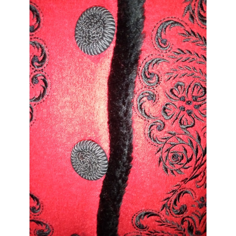 Vintage Red Wool Blend Embroidered Jacket Black Faux Fur Trim Beaded Floral Coat - Picture 8 of 11